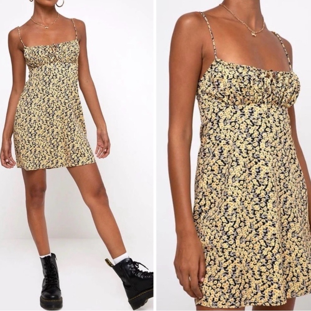 Motel Mala Floral Babydoll Mini Dress — Black and Yellow